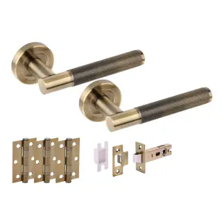 H2875ABR - Hunta 'Evo' Antique Brass Passage Premium Latch Doorpack with 3" Ball Bearing Hinges &lpar;57mm Backset&rpar;