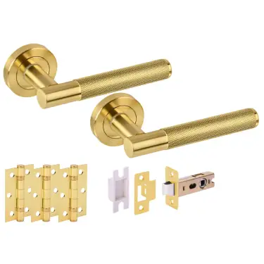 Click Here To Enlarge This Photo Of H2875SB - Hunta 'Evo' Satin Brass Passage Premium Latch Doorpack with 3" Ball Bearing Hinges &lpar;57mm Backset&rpar;