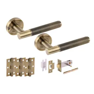 H2876ABR - Hunta 'Evo' Antique Brass Privacy Premium Latch Doorpack with 3" Ball Bearing Hinges &lpar;57mm Backset&rpar;