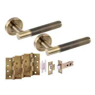 H6153ABR - Hunta 'Evo' Antique Brass Passage Premium Latch Doorpack with 4" Fire Door Ball Bearing Hinges &lpar;57mm Backset&rpar;