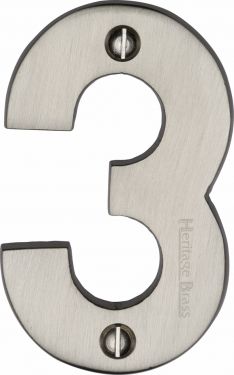 Click Here To Enlarge This Photo Of C1566 3-SN Heritage Brass Numeral 3 Face Fix 76mm &lpar;3"&rpar; Satin Nickel Finish