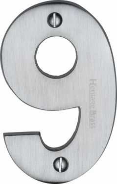 Click Here To Enlarge This Photo Of C1566 9-SC Heritage Brass Numeral 9 Face Fix 76mm &lpar;3"&rpar; Satin Chrome Finish