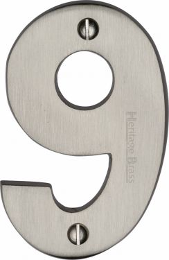 Click Here To Enlarge This Photo Of C1566 9-SN Heritage Brass Numeral 9 Face Fix 76mm &lpar;3"&rpar; Satin Nickel Finish